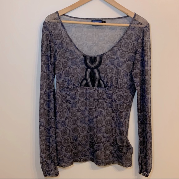 Sheer grey with black & blue pattern Mexx stretchy top. Sz L - Picture 1 of 8